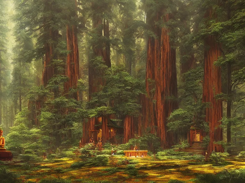 Prompt: a beautiful buddhist sanctuary in a redwood forest, art by albert bierstadt and greg rutkowski, hyperrealism, peaceful ☸ 🕉