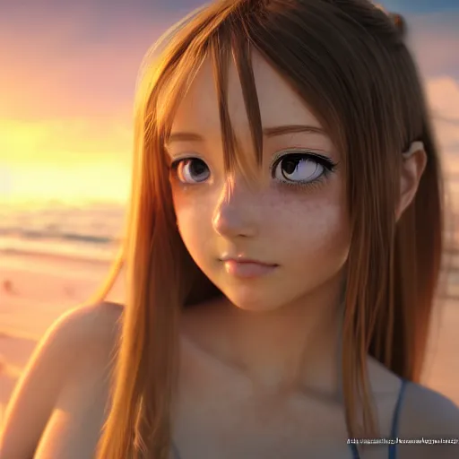 Image similar to Render of a very beautiful 3d anime girl, long hair, hazel eyes, cute freckles, full round face, short smile, cute sundress, golden hour, serene beach setting, cinematic lightning, medium shot, mid-shot, highly detailed, trending on Artstation, Unreal Engine 4k, cinematic wallpaper