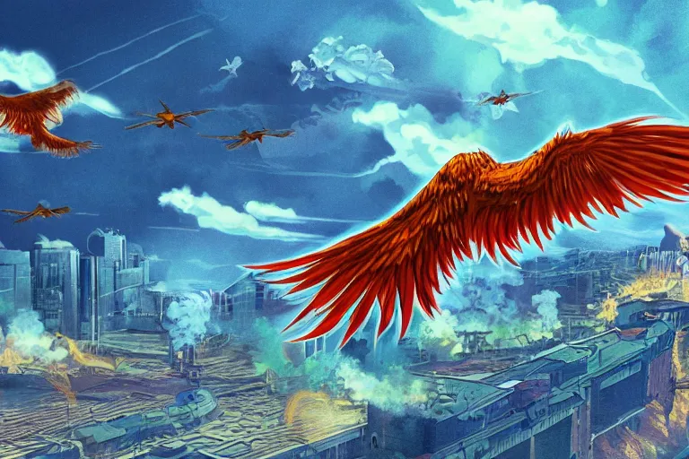 Prompt: radioactive phoenix flying over a riverside town, illustration, detailed, celshaded