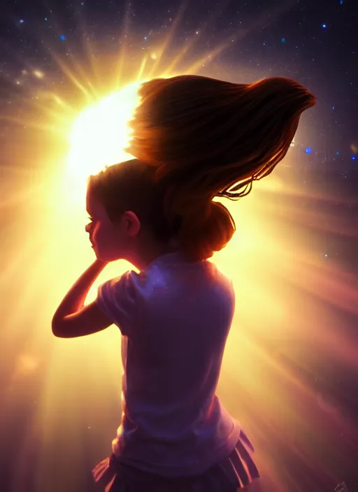 Image similar to girl shakes a bottle containing the sun and the milky way in a dimly lit room. fantasy art, horror, nightmare, photo realistic, dynamic lighting, artstation, poster, volumetric lighting, very detailed faces, 4 k, award winning