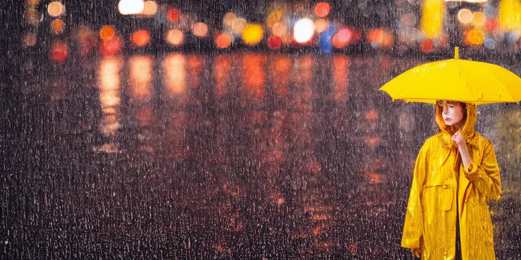 Prompt: a girl in a yellow raincoat and a red umbrella, standing in the rain on top of a roof, night, tokyo street, raining , wet, artstation, cgsociety, depth of field, bokeh, neon lights