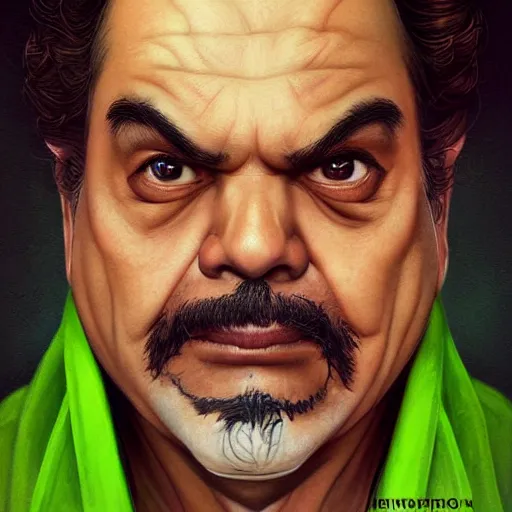 Image similar to hyper realistic, realistic - anime, portrait, beautifully rendered, italian garb the future, dune, caricature, luis guzman as luigi wearing green, painted by wlop, artgerm, dishonored 2,