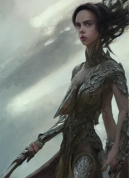 Image similar to a professional portrait of a beautiful young female, clothed in ethereal battle armor, olive skin, long dark hair, beautiful bone structure, symmetrical facial features, intricate, elegant, digital painting, concept art, smooth, sharp focus, finely detailed, illustration, from Valerian and the City of a Thousand Planets, in the style of Ruan Jia and Mandy Jurgens and Artgerm and Greg Rutkowski and William-Adolphe Bouguerea