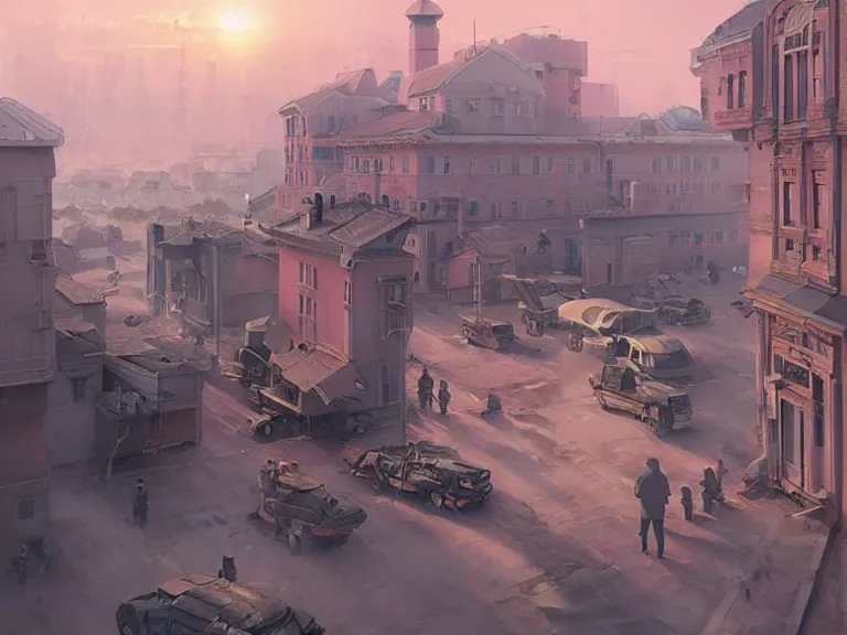 Image similar to city of syzran!!!, militaristic!!!, romantic!!!, hyperrealistic, highly detailed, cinematic, pink sunlight!, beautiful, cgssociety, artstation, 8 k, oil painting by greg rutkowski, by artgerm, by wlop