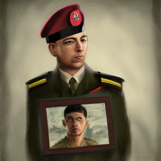 Prompt: An older man gazing sadly, a framed photograph of a younger man in a military outfit, stylized, trending on Artstation, gloomy, sullen, moody