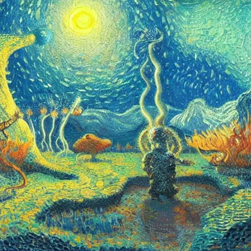 Prompt: a beautiful alien landscape with strange life forms, painting by Thomas Kinkade and Van Gogh