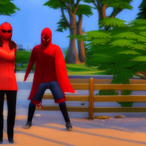 Image similar to a person wearing a red hood and holding a bell in sims 4 screenshot