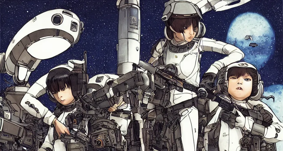 Prompt: pretty young girl with white and black ancestral ornate japanese tactical gear on an abandoned spaceship, long shot, rule of thirds, golden ratio, graphic novel by fiona staples and dustin nguyen, art by beaststars and orange, peter elson, alan bean, studio ghibli, makoto shinkai