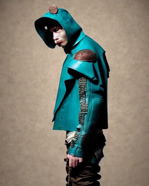 Prompt: an award - winning photo of a ancient male model wearing a plain baggy teal distressed medieval designer menswear moto jacket slightly inspired by medieval armour designed by kanye west, 4 k, studio lighting, wide angle lens