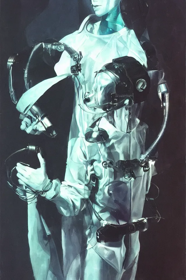 Prompt: androgynous person, shaman tunic made of latex, radio goggles, techwear, iridiscent light, high key, cinematic lighting at night, neon, phil hale, boris vallejo, syd mead