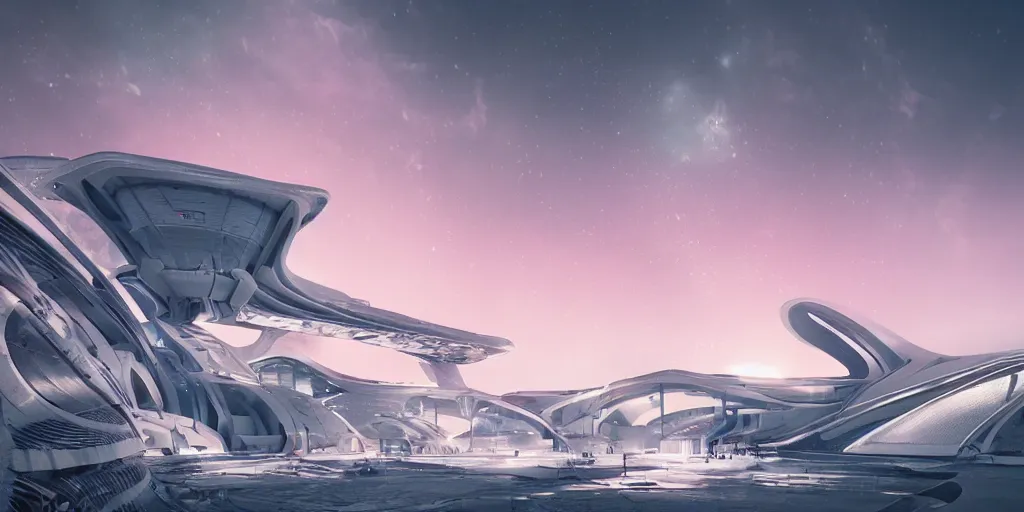 Image similar to futuristic space station in the mountains, cinematic lighting, intricate details, octane rendering, zaha hadid building, cinematic matte, pink sunset, falling snow, monochrome colors, trending on artstation, featured on behance