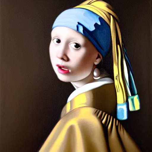 Image similar to a portrait of a young girl wearing a pearl earring. The girl is looking over her shoulder at the viewer with a sly expression on her face. naturalistic style with soft, muted colors. The girl's face is the only part of the painting that is in sharp focus. The rest of the painting is done in a soft, blurry style. The girl's face is lit from the left, creating a soft, halo-like effect around her head. The pearl earring is the only source of light in the painting. an oil tronie painting.