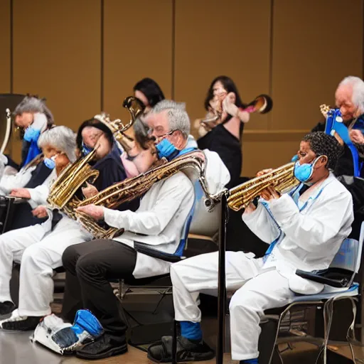 Image similar to doctors playing music with instruments made out of clear tubing, syringes, urine collection bag, iv pole, fluid bag, nebulizer equipment, bag - valve mask, intubation equipment, speculum, defibrillator, coban, flexiseal, picc dressing. capacity crowd at concert in surgical theater.