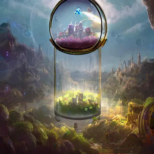 Image similar to a bubble terrarium utopia, with cities galore, dynamic lighting, fantasy concept art, trending on art station, stunning visuals, creative, cinematic, ultra detailed