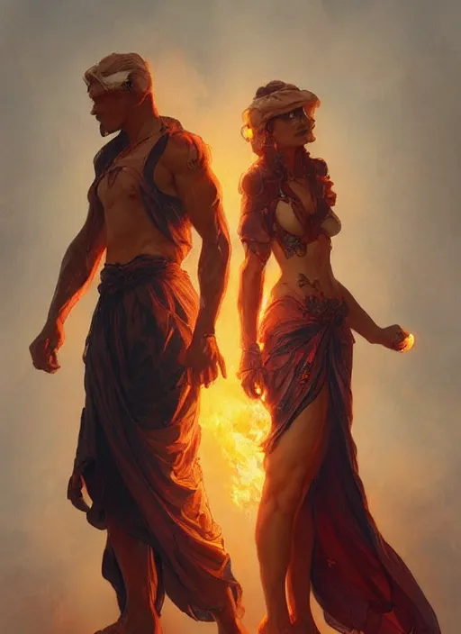 Image similar to a couple made of fire and smoke, full body view, beautiful high quality realistic fantasy art, trending on artstation by artgerm and greg rutkowski and alphonse mucha