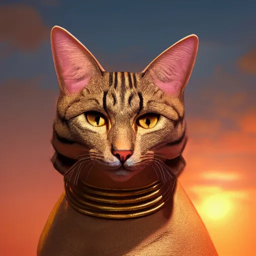 Image similar to egyptian cat, golden hour, fantasy, sharp focus, digital art, hyper realistic, 4 k, unreal engine, highly detailed, hd, dramatic lighting by brom, trending on artstation