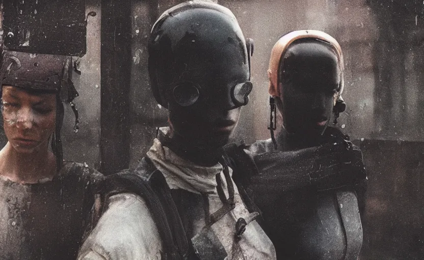 Image similar to cinestill 5 0 d photographic portrait by helen levitt of two loving female androids wearing rugged black mesh techwear on a desolate plain, extreme closeup, modern cyberpunk moody cinematic, dust storm, 8 k, hd, high resolution, 3 5 mm, f / 3 2, ultra realistic faces, ex machina