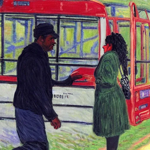 Prompt: black bus driver having an argument with a female passenger that fell on the bus by monet - 9