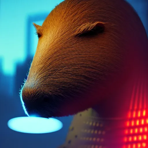 Image similar to wide shot, photo of a capybara head, a huge humanoid capybara-man with a katana, in a heavy futuristic armour without a helmet, hyper realistic, hyper detailed, coherent photo, trending on artstation, cyberpunk, Japanese style, volumetric lightning, neon, electric colours, Cinematic, Dramatic, Film Grain, Kodak Portra, Depth of Field, 15 mm octane render, 4k, raytracing, blender