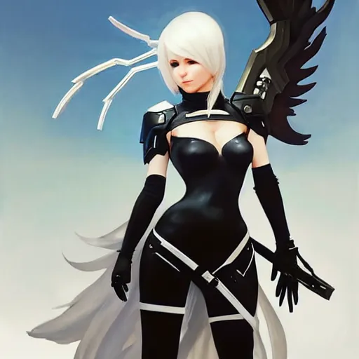 Image similar to greg manchess painting of a 2 yorha type a no. 2 as mercy from overwatch!! in a battlefield fighting, white long hair, large white wings, organic painting, trending on artstation, by huang guangjian and gil elvgren and sachin teng