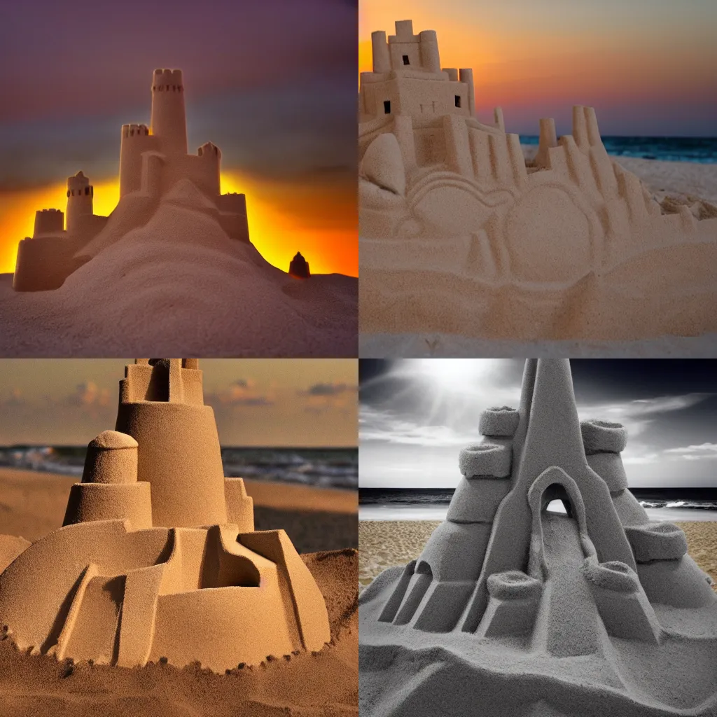 Prompt: sand castle of a person beach dramatic lighting