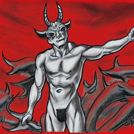 Image similar to full body drawing by Luke Starkie of a muscled horned Satan Devil , swimming tuxedo, red flames in background
