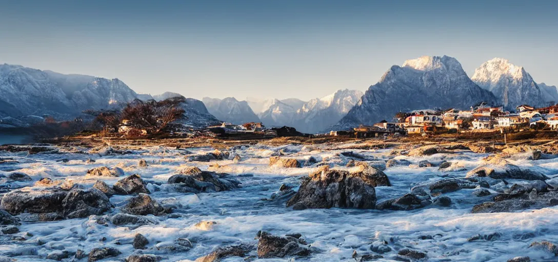 Prompt: the landscape of a beautiful coastal village with mountains in the background, in winter, award-winning photography