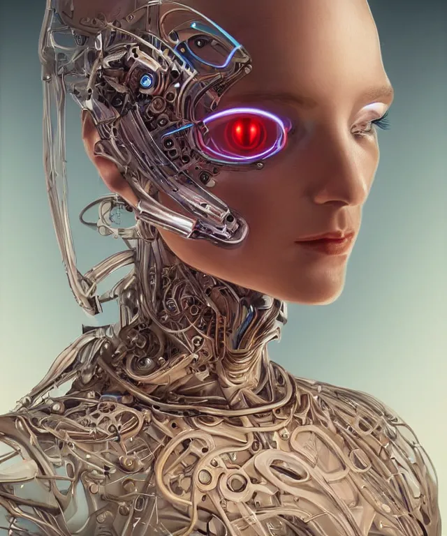 Prompt: a woman turning into an Android portrait wearing a part cybernetic body, surrealism , scifi, intricate, elegant, sharp eyebrows, ornate long flowing blonde hair, highly detailed cybernetic body, neon glowing eyes, digital painting, artstation, concept art, smooth, sharp focus, illustration, art by Artgerm and moebius and Peter Mohrbacher