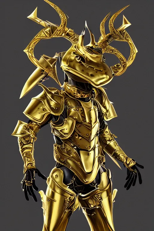 Prompt: a new golden armor zodiac Knight by tatsuya Yoshikawa artist Rendering the frog constellation armor . full of details, by utsurowazaru mono and jet set radio , Matte painting, trending on artstation and unreal engine