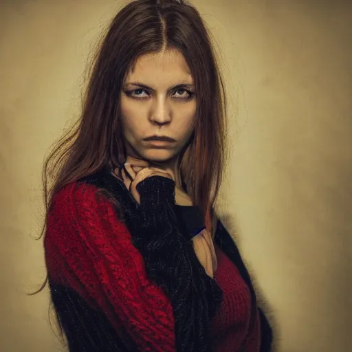 Image similar to high quality photo of a beautiful woman moody and melanchony with accents of yellow and red