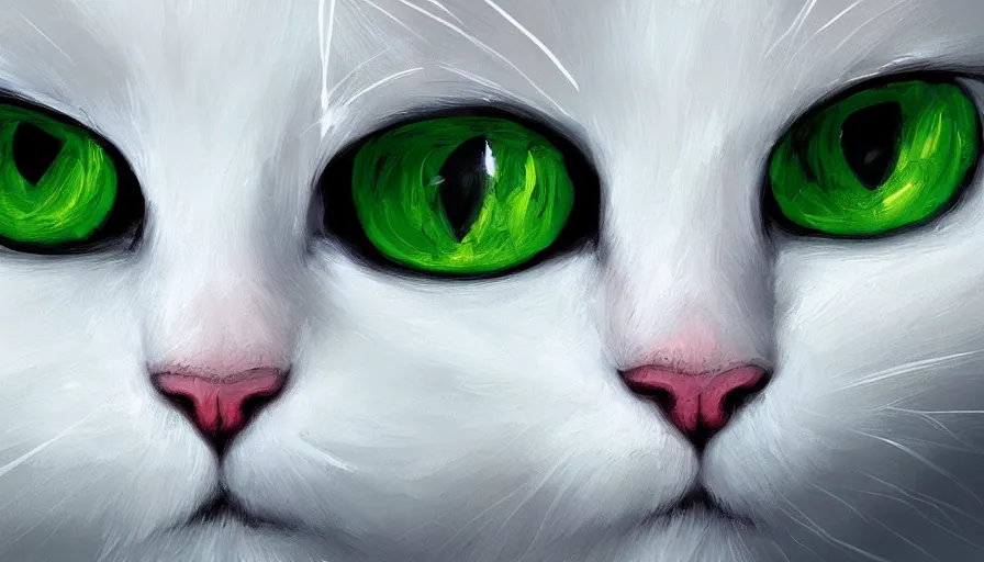 Image similar to hand painted white cat with green eyes, snow, hyperdetailed, artstation, cgsociety, 8 k