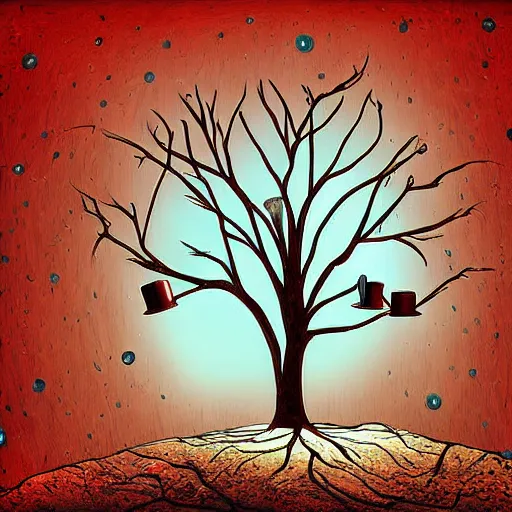 Image similar to a tree on the moon, around the tree are book reading worms and cups, digital art, very detailed