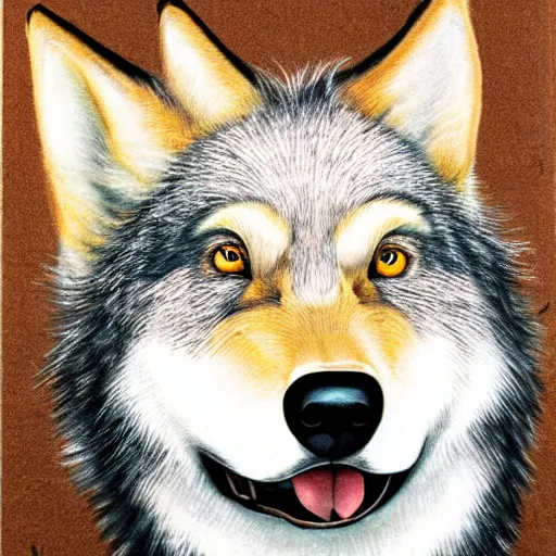 Image similar to realistic portrait of retarded wolf, eyes in different directions, very ugly, stupid