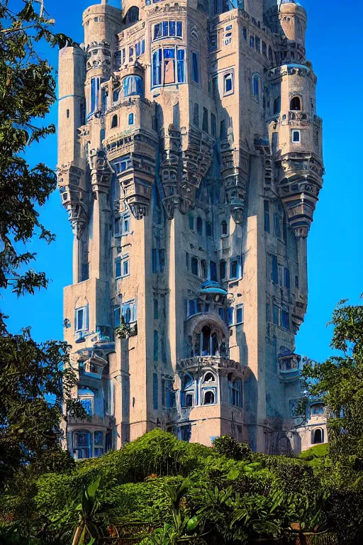 Prompt: view of the mysterious blue tower in its gardens after a storm, tall windows, beautiful moorish ornament, dramatic cinematic lighting, rich colors, by Nicholas Roerich and Sylvain Sarrailh and Ludwig Deutsch and April Gornik