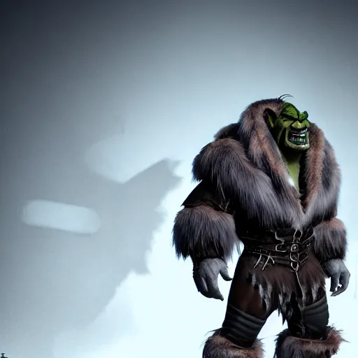 Image similar to A full body shot of a handsome orc looking into the camera wearing a fur jacket and boots, full body shot, artstation, realistic, highly detailed, symmetrical, hyper realism, high detail, octane render, unreal engine, 8k, fantasy art, highly detailed, concept art