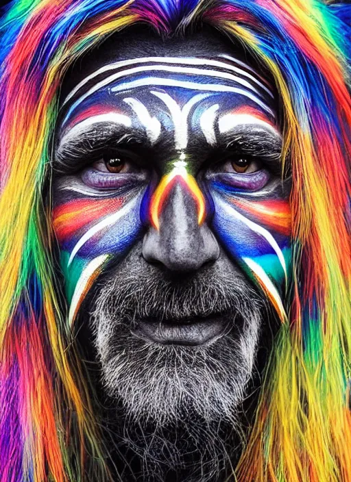 Image similar to photo of a gorgeous Beautiful face Portrait of Magic old shaman with a rainbow panther, face painting, thunders, shaman in the style of stefan kostic, wild, realistic, sharp focus, 8k high definition, insanely detailed, intricate, elegant, art by stanley lau and artgerm