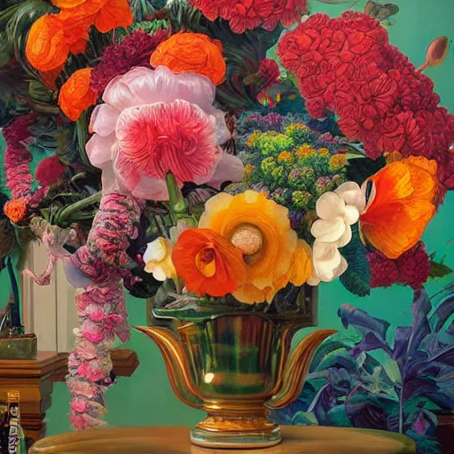 Image similar to hyper detailed illustration like a Oil painting - a vivid exotic flower bouquet, long petals, huge blossoms, by James Jean, Masterpiece, Edward Hopper and James Gilleard, Ross Tran, Mark Ryden, Wolfgang Lettl, hints of Yayoi Kasuma, surreal