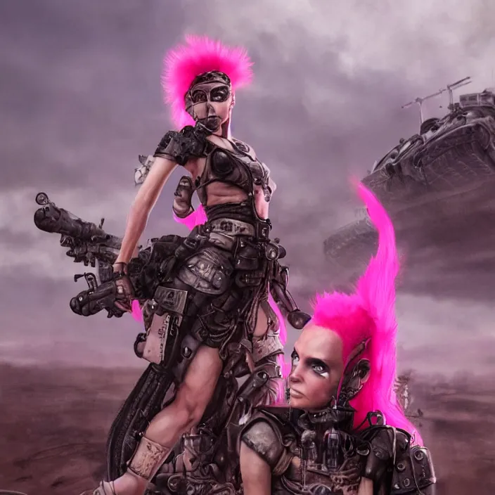 Image similar to beautiful apocalyptic woman with pink Mohawk, standing on mad max panzer tank, 4k ultra hd, fantasy dark art, tank girl, artstation, octane render, elegant, detailed digital painting