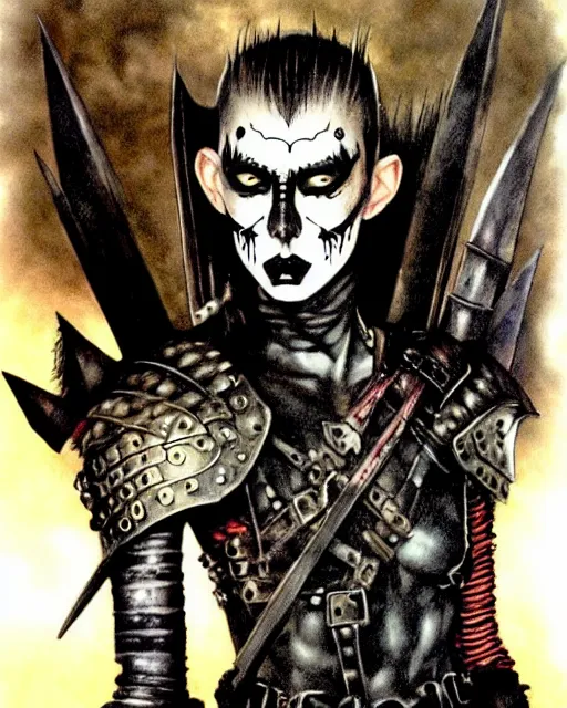 Image similar to portrait of a skinny punk goth warrior wearing armor by simon bisley, john blance, frank frazetta, fantasy, barbarian, hardcore
