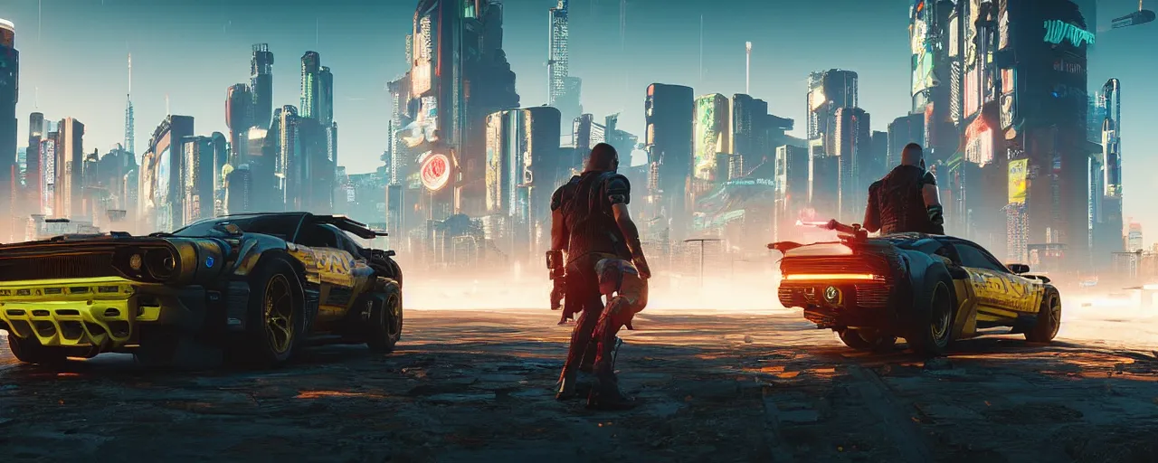 Image similar to Cyberpunk 2077 car Quadra Turbo-R V-Tech, driving down dusty city dystopian, long distance shot , by Mead, Syd