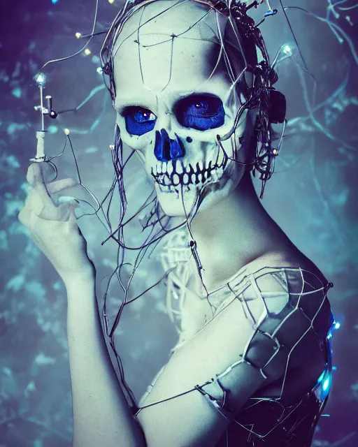 Prompt: natural light, soft focus portrait of a cyberpunk skeletal corpsebride, octane render, tilt shift, polaeized light, blue bioluminescent plastics, smooth shiny metal, elaborate ornate head piece, piercings, skin textures, by annie leibovitz, paul lehr