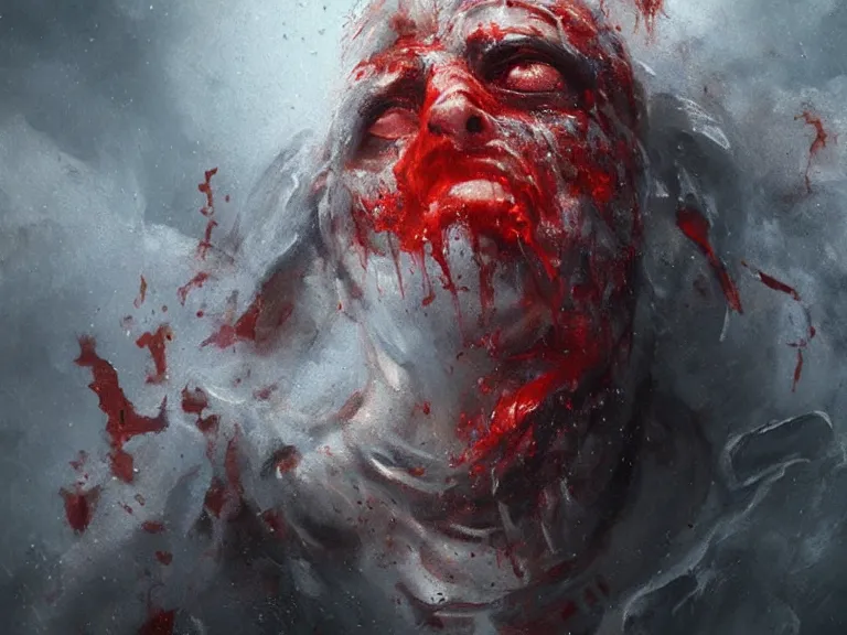 Image similar to painting by greg rutkowski of a flying human head with tears running down it's face face that is chalk white in color, with tentacles coming of the neck, fiery scorching red eyes, flying in a terrying hellish dark cavernous place