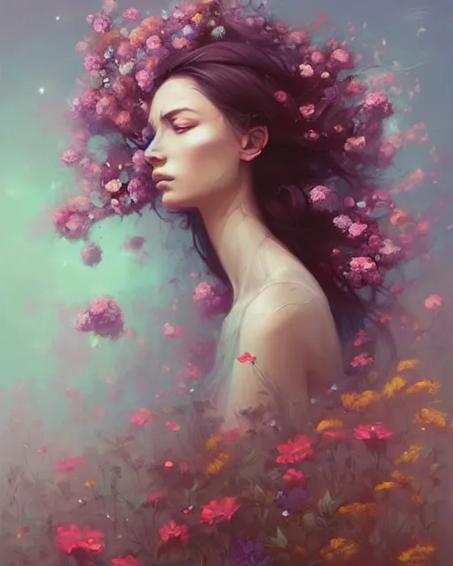 Prompt: portrait of a woman covered in flowers, overgrown beauty portrait, by peter mohrbacher, alena aenami, artgerm