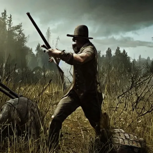 Image similar to vladimir putin running from zombies in hunt showdown