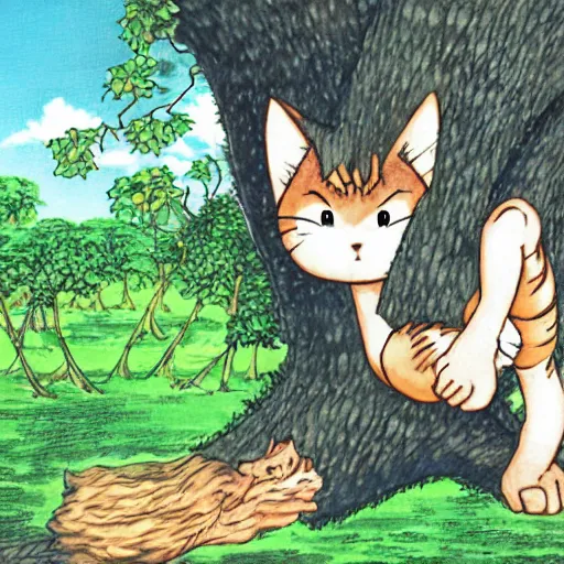 Image similar to giant kitten eating a tree art by yoshihiro togashi