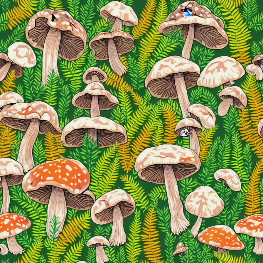 Prompt: plethora of mushrooms and mycelium, vivid natural color hues and natural surroundings, colorful painted patterns and motifs on mushrooms, leaves and ferns, seamless fabric pattern 8K, highly detailed.