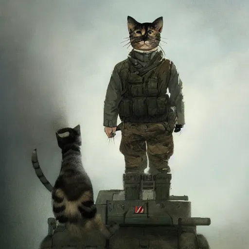 Prompt: Portrait face fuzzy eyes snout ears furry ripped physique kitty cat general camouflaged as a kitty cat man wearing a military officer uniform standing atop a panzer tank charlie bowater elina brotherus greg rutkowski Dan Witz paul klee jamie wyeth victo ngai