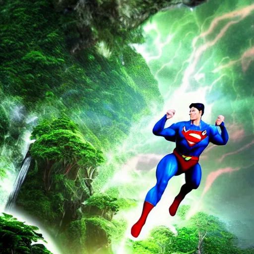 Image similar to captain planet fighting superman above a rainforest, 3 d render, hyper realistic, 4 k