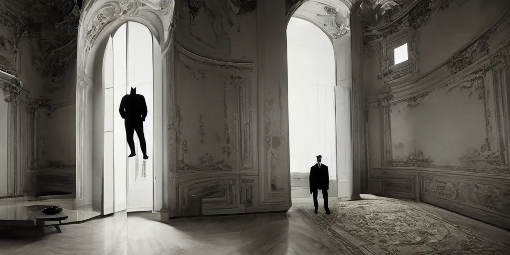 Image similar to Batman standing in giant Italian modern castle living room, clean minimalist design, that is 1300 feet tall, with very tall giant walls filled with modern art paintings, doors that are cosmic portals, photo by Annie Leibovitz