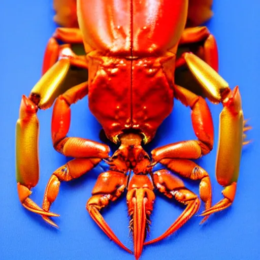 Image similar to red robo crayfish cut the gold medal's ribbon from human neck, 4 k, futuristic